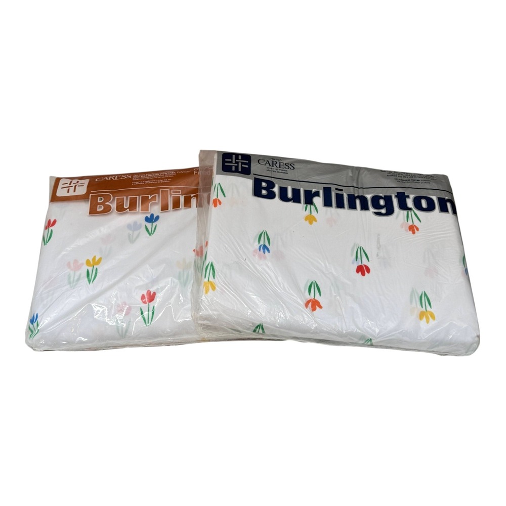 Vintage Burlington Sheet Lot 2 Queen Flat Fitted White Tulip Caress Sealed New‎